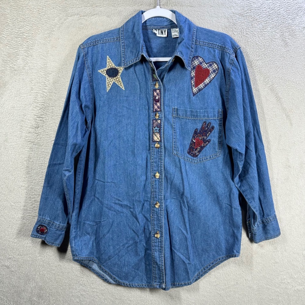 PTNY Vtg Denim Button Down Shirt Womens S Blue Patchwork Star Heart Teacher Core